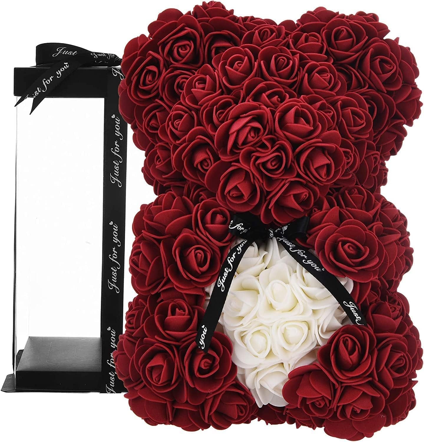 Valentines Day Gifts for Her, Rose Flower Bear -10Inch Rose Teddy Bear - over 250 Dozen Flowers - Gifts for Mom, Birthday Gifts for Women, Girlfriend Gifts- W/Clear Gift Box(Burgundy)