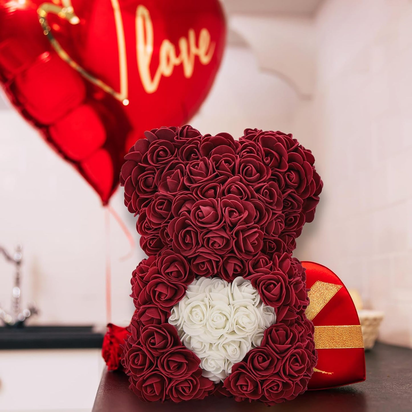 Valentines Day Gifts for Her, Rose Flower Bear -10Inch Rose Teddy Bear - over 250 Dozen Flowers - Gifts for Mom, Birthday Gifts for Women, Girlfriend Gifts- W/Clear Gift Box(Burgundy)